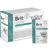 Мокра храна за котки Brit Grain & Gluten-Free VD Care Cat Pouch fillets in Gravy Sterilised подходящ за кастрирани котки за контрол и оптимизиране на теглото, с филе от сьомга в сос грейви